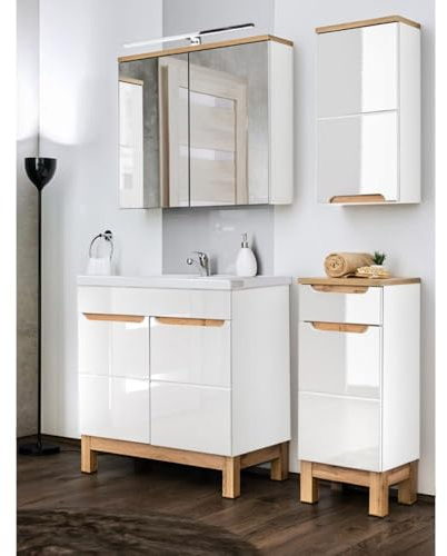 Lomadox Badmöbel Set in weiß Hochglanz mit Eiche, Waschtischunterschrank mit Keramik-Waschbecken & LED-Spiegelschrank