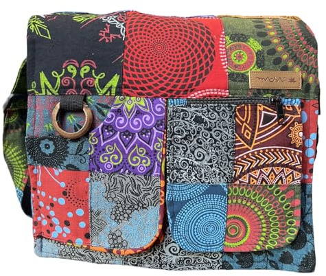 MACHA Ethno-Tasche aus Baumwolle mit bunten Prints und Ledereinsätzen, Umhängetasche aus Baumwolle und Leder für Damen, Ethno, Indianer, bunt (XL), Mehrfarbig