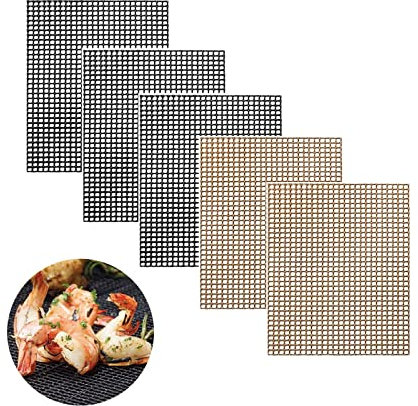 Gurxi 5 Pezzi BBQ Grill MeshTappetino per Barbecue, Riutilizzabili Griglia Rete tappetini Barbecue Tappetini per Grigliare Carne, Verdure, Cucinare, Grigliare e Cuocere, 40 x 33 cm (Nero e Marrone)