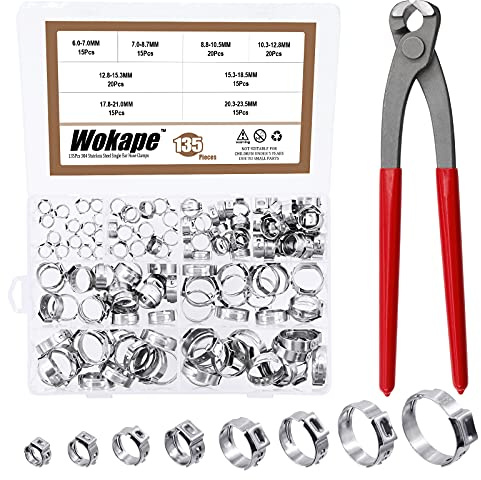 Wokape 135Pcs 6-28.6mm Single Ear Hose Clamps with Pincers Kit, 304 Stainless Steel Crimp Hose Clamps for Securing Pipe Automotive Home Appliance Use