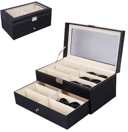 MAGIC SELECT Scatola per Occhiali. Espositore di Occhiali a 12 Scomparti con Coperchio in Vetro Trasparente, Chiusura con Chiave, Cassetto e Morbida Fodera Interna.