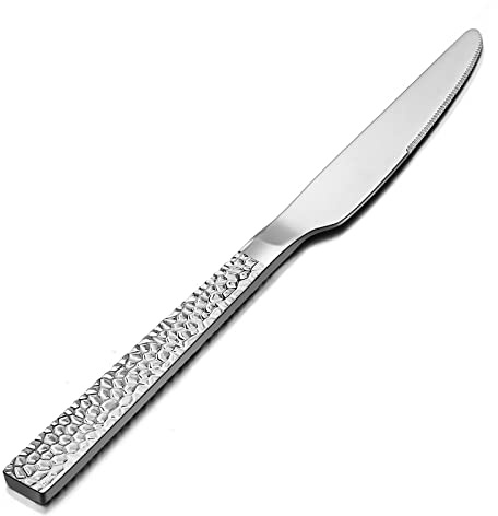 E-far Hammered Dinner Knives Set of 12, 8.9 Inch Stainless Steel Serrated Steak Butter Knife for Home Kitchen Restaurant, Modern Design & Square Edge, Mirror Finish & Dishwasher Safe