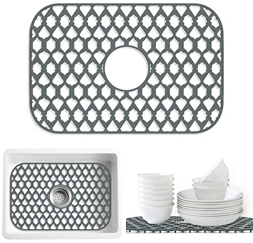 SAMSIER Sink Protectors for Kitchen Sink, Kitchen Sink Accessory - Silicone Mats Grid for Stainless Steel Strainer Bottom of Farmhouse Porcelain sinks (19”x13”, Center Drain)