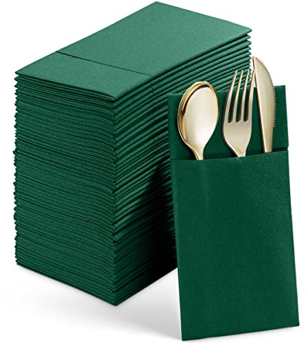 Einweg-Servietten in Leinen-Optik mit integrierter Bestecktasche, 50 Stück, grün, vorgefaltet, stoffähnliche Papierservietten für Hochzeit, Abendessen oder Party