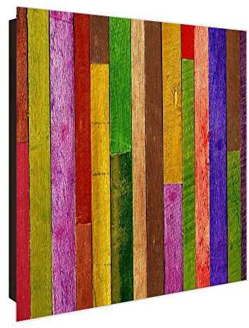 banjado Großer Schlüsselkasten Glas - Schlüsselbox 30x30cm mit 50 Haken - Schlüsselkasten modern für Schlüsselaufbewahrung mit beschreibbarer, magnetischer Glastür - Motiv Holz bunt