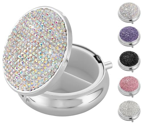 Bling Klein Pillendose für Unterwegs, Strass Pille Fall für Frauen Mädchen Fischöle Vitamine Medizin, Metall Tragbare Pillendose Organizer für Geldbörse, Tasche, Reise (Bling AB-Farbe)