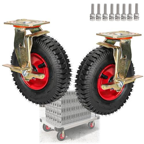 WORDFUN Rollen Transportrollen Metall Lenkrollen, Schwarz-rot Air Luft Reifen, Kugellager 360°Drehbar, Lenkrollen Mit Bremse, for Trolleys, Möbelroller Transportroller, Werkbank Rollen