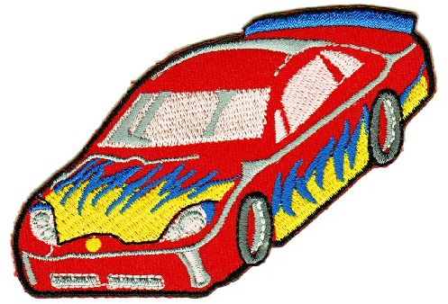 Rennauto Rot Aufnäher zum aufbügeln oder aufnähen Bügelbild Aufbügler für Kleidung gestickter Bügelflicken Applikation Sportwagen Auto Rennwagen Flammen Patch Größe 10 x 5,5 cm