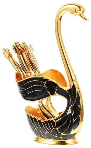 Milisten Swan Spoon Holder with 6 Alloy Dessert Spoons Compact Kitchen Rack for Ice Cream Fruit Salad Tea Serving and Storage