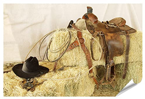 islandburner Prime XXL Bild Poster Sattel Cowboy Hut Im Stroh Western Szene Premium Bilder Fotodruck