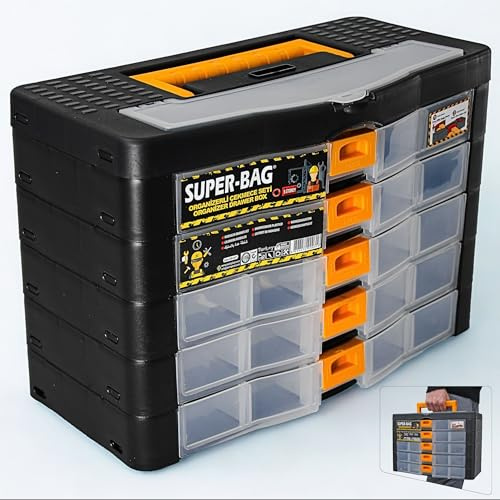 Werkzeugkoffer Kleinteile Organizer 5 Schubladen Sortierkasten | Sortimentskasten 390x190x260mm mit 26 Innenfächer verstellbar - Aufbewahrungsbox stapelbar Kleinteilemagazin mit Fächer