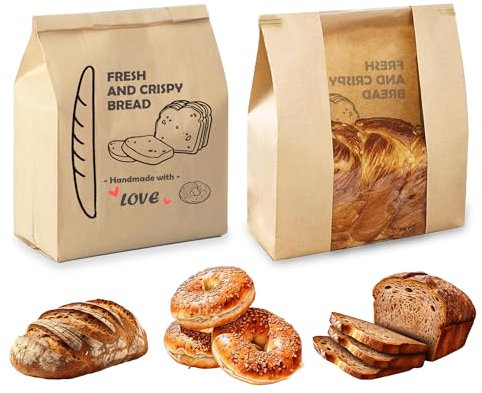 DVKKHD 25 Stück Kraftpapier-Brotbeutel für hausgemachtes Brot mit transparentem Fenster, große Sauerteig-Brotbeutel aus Zinn, Krawattenverschluss, Bäckerei, Lebensmittelverpackung, Beutel für