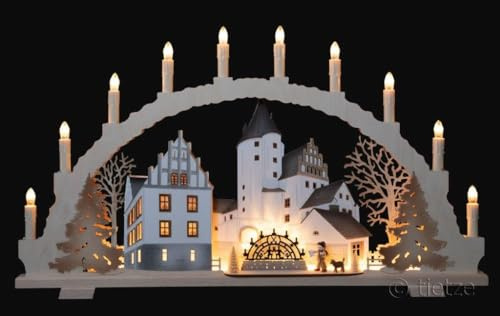 Großer Schwibbogen 70cm x 40cm mit 10 Kerzen und LED Vorbeleuchtung Weihnachtsmarkt am Schloß Schwarzenberg - Handarbeit aus dem Erzgebirge - Schwibbogen für Weihnachten