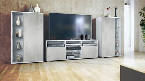Vladon Wohnwand Davos, Anbauwand bestehend aus 2 Vitrinen und 1 TV-Board, Weiß matt/Beton Oxid Optik (329 x 134 x 35 cm)