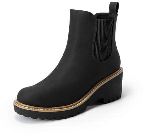 DREAM PAIRS Botas de Ante Chelsea de TacÓn Bajo Para Mujer, Zapatos de Plataforma con Punta Redonda,Size 39,Negro-Nubuck,SDAB2403W