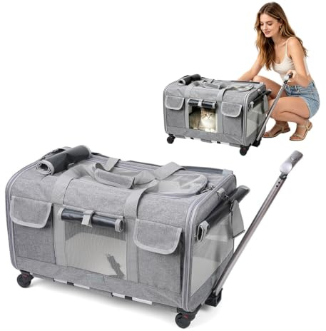 PETCUTE Transportväska för katt med hjul, ventilerande katttransportväska för 2 katter, vikbar katttransportbur hundbärväska med teleskophandtag, avtagbar matta, perfekt för resor