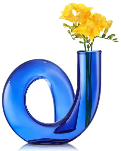 Joeyan Handgefertigte Kleine Deko Vase,12CM Blau Blumenvasen für Trockenblumen Pampasgras Einzelne Rose,Bunt Glasvasen Desktop, Modern Geometrische Deko Aesthetic für Wohnzimmer Tischdeko Zimmer