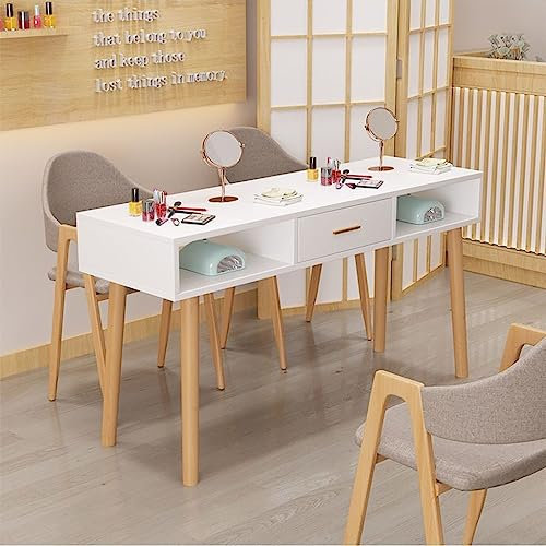 Tavolo per nail art con cassetto, tavolo da lavoro in finto marmo con gambe in legno massello, perfetto per tecnici delle unghie, pannelli amichevoli inclusi
