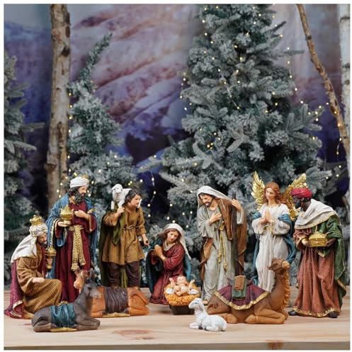 Zayton Nativity Set Christmas Indoor 12 Pcs 12 Inch Scene Statue Figurines Jesus Manger Crib Ornament Church Xmas Home Catholic Religious Decoration