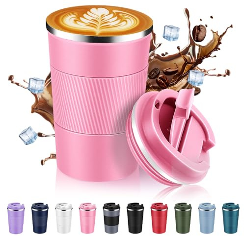 Volhoply Taza de café de viaje aislada de acero inoxidable de 13 onzas con tapa abatible, taza de café de metal al vacío de doble pared reutilizable, portátil, a prueba de fugas, vaso térmico para