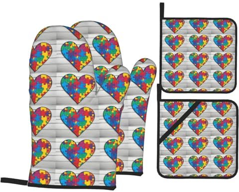 YYHWHJDE Set di 4 guanti da forno e presine stampati a forma di cuore per la consapevolezza dell'autismo, spessi e resistenti, anti-scottatura e termoisolanti