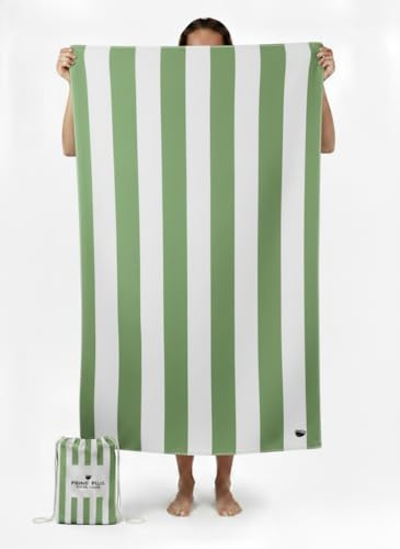 Premium Quick Dry Microfibre Beach Towel – Quick Dry, Sand-Free, Lightweight & Compact | Ideal for Travel, Gym, Yoga, Camping Essentials | Includes Bag | 160cm x 90cm | 230GSM | Olive and White