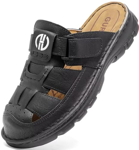 GURGER Herrsandaler läder mulor träskor sommar stängd tå slip-on utomhus strandsandaler, Svart, 39.5 EU