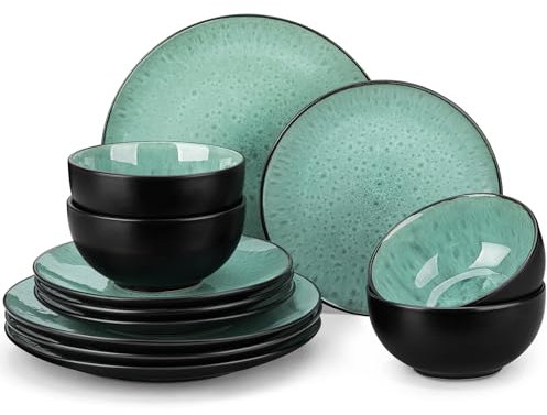 Tafelservice Steinzeug für 4 Personen, vancasso 12-teiliges BUBBLE Kombiservice Set aus Steingut, Geschirrset im Vintage Aussehen, Beinhaltet Müslischalen, Dessertteller und Speiseteller, Grün