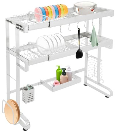 Escurreplatos de 29 x 78 cm, 2 niveles sobre el fregadero, escurridor de platos de acero inoxidable, organizador extensible sobre el fregadero de la cocina para guardar especias