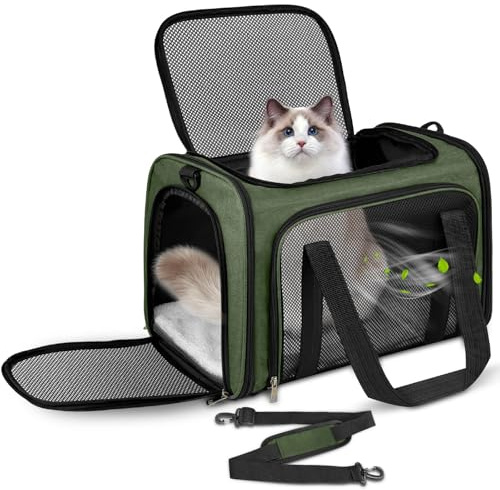 TOFFCAEA Transporttasche für Katze Hund, Hundetransportbox, Faltbare Katzentransportbox, Tragbar, 8kg Katzen Hunde Tragebox, für Mittelgroße Hunde, Katze (L, Grün, L 50 x B 34 x H 34 cm)