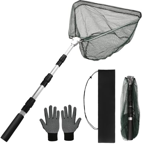 HEYOMART Fishing Net Fishing Landing Net Telescope Foldable Collapsible Extensible for Bird Fish Catch Release Lightweight Portable Aluminum Alloy Frame with Gloves and Storage Bag, 130cm