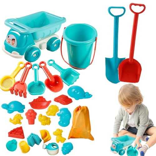 Sandbox Toys - 29 stycken Sandboxleksaker, bärbar | leksaksuppsättning för barn i åldrarna 3-10, vikbar sandhink med sandform och nätväska, spadeuppsättning, sandlådor för småbarn för småb