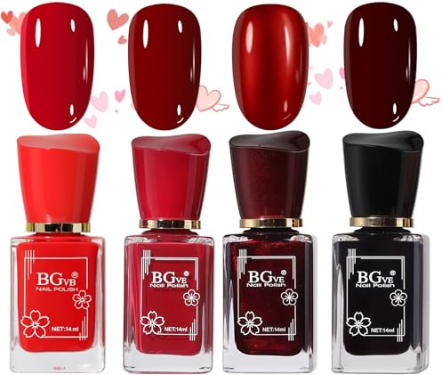 Red Nail Polish Set,4Pcs Red Nail Varnish Burgundy Pearl Bright, Quick Dry Long Lasting Nail Varnish for Women, Glossy Nail Polish Set for DIY Manicure & Gifts