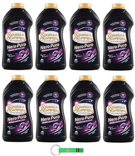 8x Spuma Di Sciampagna Waschmittel Nero Puro - Flüssigwaschmittel mit konzentrierter Formel ideal für schwarzen dunklen Kleidungsstücken 16 Wäschen 800ml + Beni Culinari Kostenloser Schlüsselanhänger