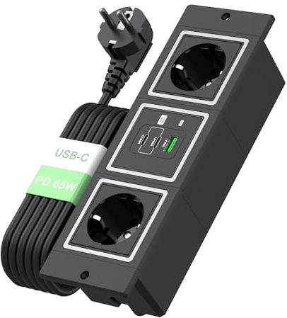 Eingelassene Steckdosenleiste mit USB-C PD 65W, | BQO versteckte Tischsteckdosen mit 2 USB-C- und 1 USB-A-Anschlüssen, 1,8 m/5,9 ft Kabel, schwarz