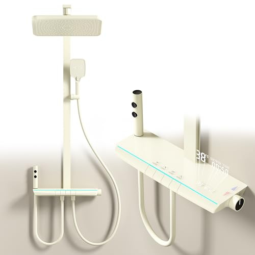 MocArt 1523 Wandmontiertes Duschsystem, 4 Funktionen für Wasserausgang, Digitales Temp-Display, 30cm Überkopfbrause, 45cm Ablage & Bedienplattform, wassersparend für Badezimmereinrichtung (Milchweiß)