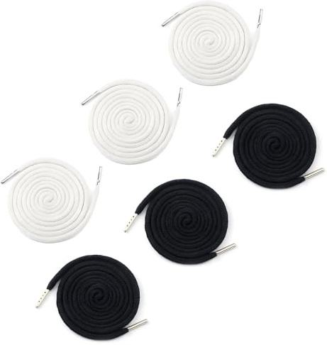 6Pcs Drawstring Cords, 130cm Long Universal Replacement Elastic Cord Encrypted Cotton Rope with Metal Closure with Easy Drawstring Threader Tool Ideal for Hoodies Sweatpants Bags Black White