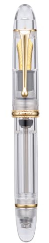 Asvine V800 Fountain Pen - Vacuum Filling System with Large Ink Capacity - Smooth Number 8 Medium Nib with Gift Case and Wrench- Clear Gold Acrylic