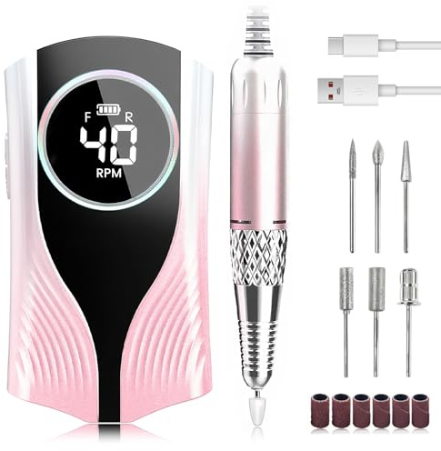 Wisada Limamano Elettrico Portatile per Unghie, 6 Testine e Display LCD, Ricaricabile USB, 6 Modalità, Design Ergonomico, per Manicure Fai da Te Professionale e Cura delle Unghie (Rosa)
