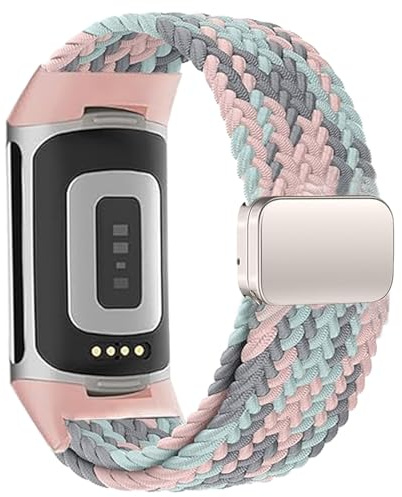 Sundara Flätad Nylon Kompatibel med Fitbit Charge 6 Klockarmband Magnetiskt Stretchigt Tyg Mjuka Loopremmar Justerbart Armband Fitbit Charge 5 Band/Charge 6 Fitness Tracker Ersättning Dam Herr