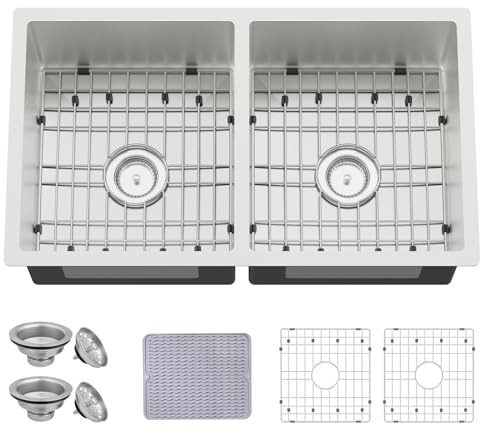 31x18 Inch Double Bowl Kitchen Sink - 50/50 Equal Bowl Undermount Stainless Steel Large Drop In Kitchen Sink Come With Sink Grid,Silicon Mat,Sink Clips,Drain Assembly For Modern/Stylish Kitchen&Bar