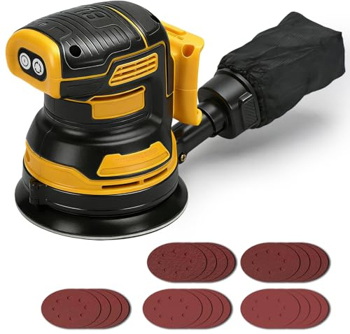 Akku-Exzenterschleifer 125 mm für Dewalt 20V Akku (ohne Batterie) | bürstenloser Elektro Handschleifer, mit 4000–8000 rpm, 3 variablen Geschwindigkeiten, 21 Schleifpapierbögen und Staubbeutel