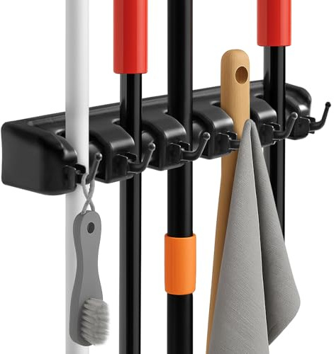 BLUE BAZAAR 1 Pack Broom Mop Holder Wall Mounted，Heavy Duty Broom Storage Utility Room Storage Solutions for Broom Cupboard Kitchen Bathroom Garage and Garden Tool Organiser (Black, 1 PCS)