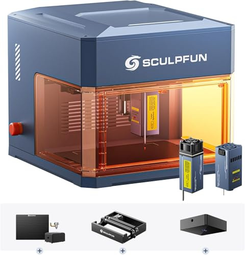 SCULPFUN iCube Ultra Deluxe Doppellaser Lasergravierer mit RA Mini Rotationswalze, iCAM Kamera, Air Assist Kit und Wabenplatte, 12W Diodenlaser + 1,2W Infrarotlaser, Gehäuse Laser Gravurmaschine