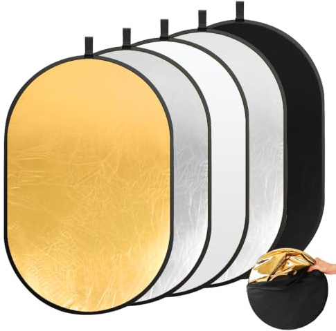 5-i-1 fotograferingsljusreflektor 90 x 120 cm, 5-i-1-reflektor, ljusreflektor med bärväska, oval reflektor bärbar vikbar, för studio och utomhusbelysning