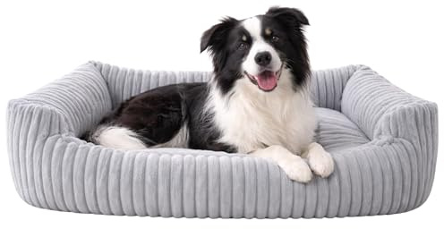 Odolplusz Tvättbar hundsäng, 95 x 75 cm, hundkudde av manchester, mjuk kattsäng, halkfri – hundsoffa i grått, för medelstora hundar, formstabil hundmadrass, fluffig med kant