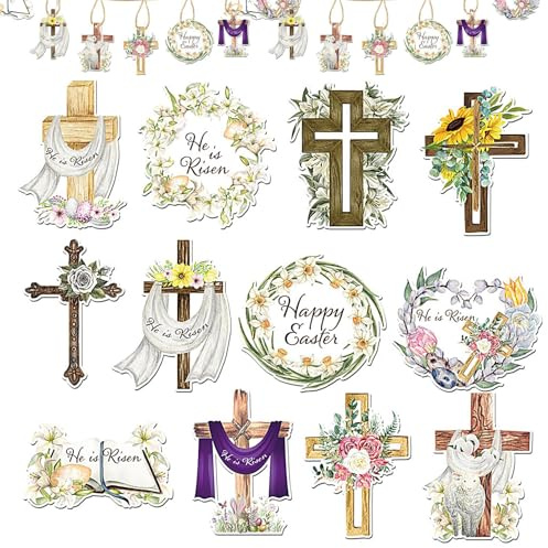 szaluyk Osterdeko Holz – 24 Stück Set | Christliche Ornamente – Religiöse Osterdekoration für den – Holzanhänger He is Risen Motive Kreuz Auferstehung für Frühling Kirche Haus Deko Basteln Natur