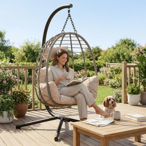 GarveeLife Ergonomischer Faltbarer Hängesessel Ei aus Polyrattan mit Gestell – Bis 150kg Belastbar – Outdoor & Indoor Hängeschaukel mit Kissen & Wetterfester Abdeckung – für Garten, Balkon, Terrasse