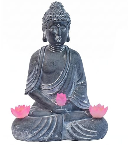 Wilafury Statue de Bouddha d'extérieur, Statues de Jardin Zen solaires, Figurine en résine imperméable avec Fleur Lotus pour Patio extérieur, pelouse, Balcon, Assis