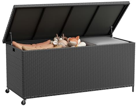 UDPATIO Gartenbox Wasserdicht 480L mit Rollen, Aufbewahrungsbox Garten, Auflagenbox Wetterfest, Kissenbox Outdoor mit Deckel, Gasdruckfedern, ideal für Garten, Terrasse & Balkon | Schwarz